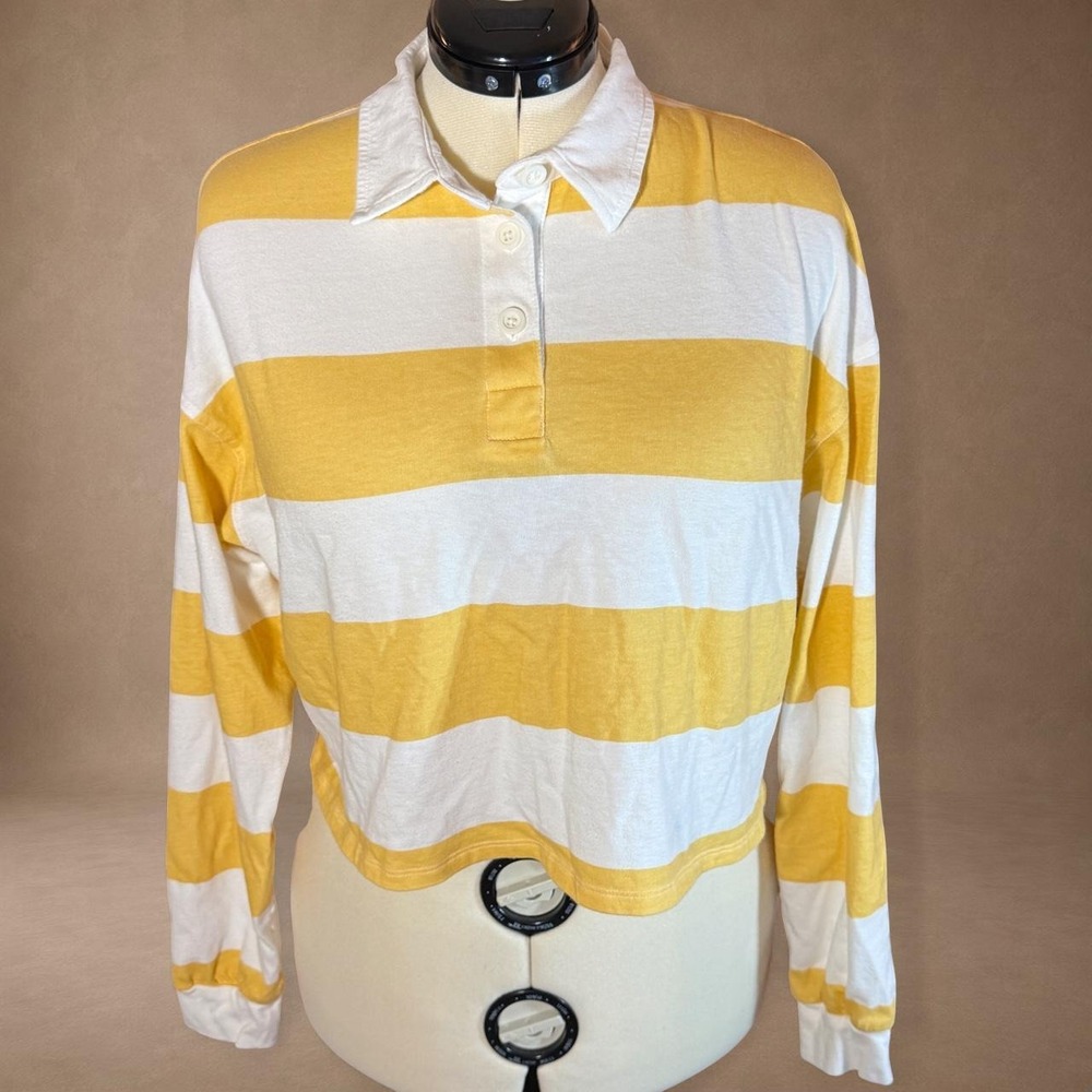 Butter Yellow White Striped Rugby Polo Shirt Long Sleeve Collared Preppy L